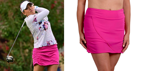 Jasmine Suwannapura Swings Golf Club in Pink and Floral tualatinhomestoday branded outfit with pink skort product image in side window